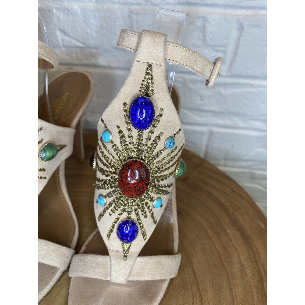 AQUAZZURA Desert Sun Heels Sz 36.5 Suede Gem Embellished Gold Sun Prom Formal